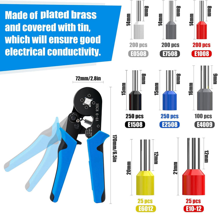 1250PCS Wire Ferrules Crimping Tool Kit for AWG 23-7(0.25-10mm²)