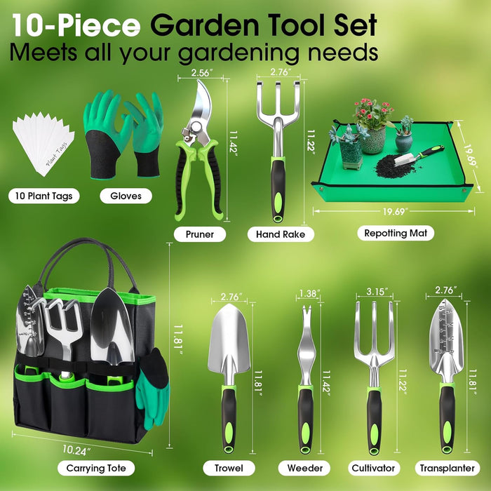 Garden Tools Set, 10 PCS Heavy Duty Gardening Hand Tools Kit, Green