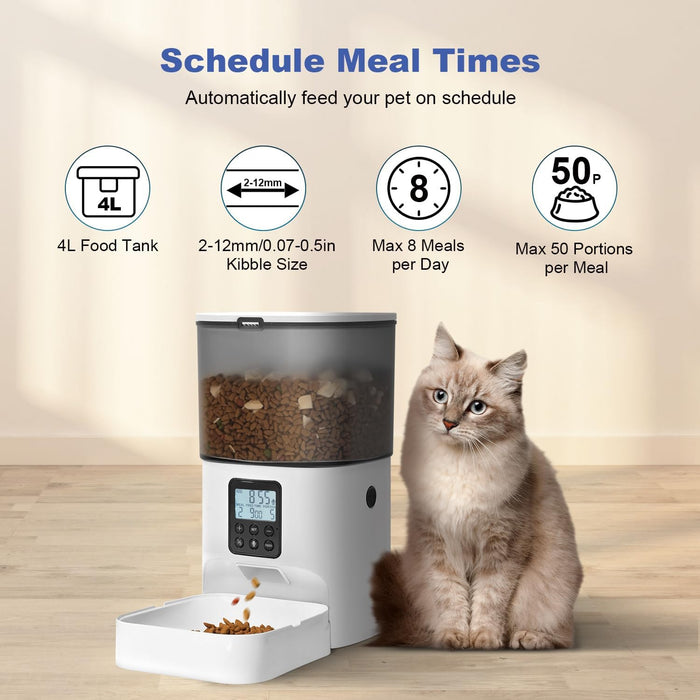 Automatic Cat Feeder, 4L Cat Food Dispenser with 10s Voice Recorder, Pet Feeder up to 8 Meals per Day, Timed Dog Feeder 