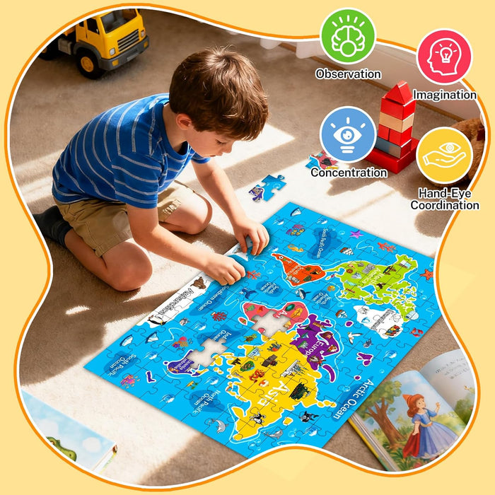 4 Packs 100 Piece Puzzles for Kids Ages 4-6 6-8 8-10, USA World Map Kids Puzzles Ages 3-5 4-6 5-8, Solar System Mars Adventure 100 Piece Puzzle for Adults Seniors, Educational Jigsaw Puzzles 15"x10"