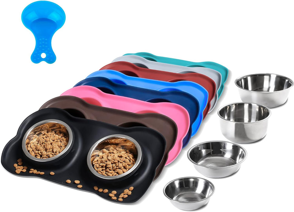 Pet Dog Bowls 2 Stainless Steel Dog Bowl with No Spill Non-Skid Silicone Mat + Pet Food Scoop Water and Food Feeder Bowl