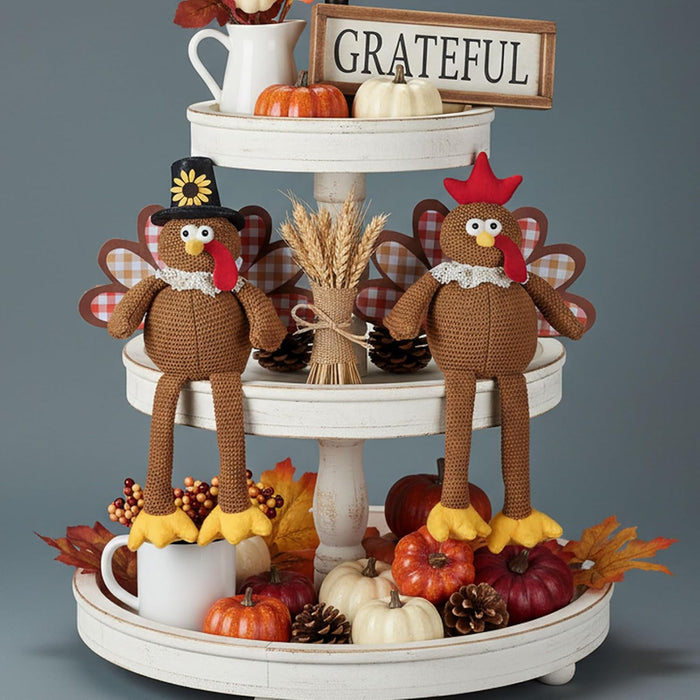 Thanksgiving Decorations Set of 2 Turkeys with Dangling Legs, Turkey Couple Doll Plush Kit Tabletop Centerpieces for Fal