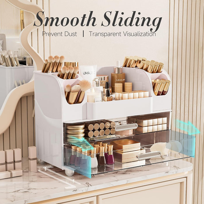Large Makeup Organizer Countertop with 6 Brush Holders, White