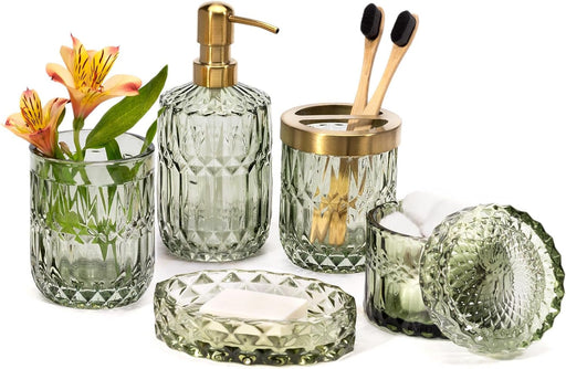 6PCS Bathroom Clear Glass Accessories Set (Lotion Soap Dispenser, Soap Dish, Toothbrush Holder, Tumbler, Cotton Swab Jar