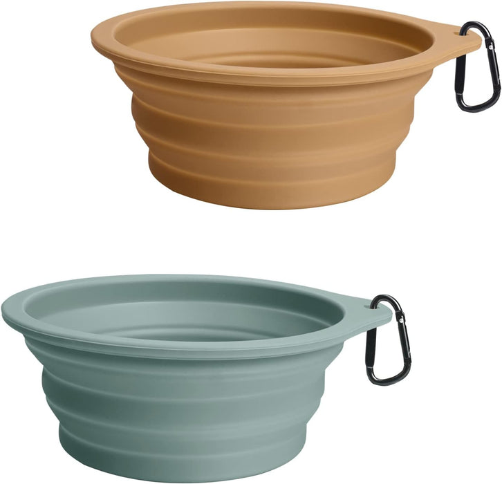 2-Pack Silicone Collapsible Dog Bowls, BPA Free Dishwasher Safe, Portable Foldable Expandable Travel Bowl, Food Water Feeding Cup Dish for Dogs Cats with 2 Carabiners (Turquoise, Tan)