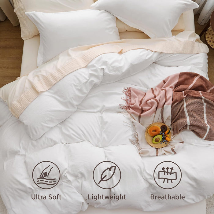 Prewashed Duvet Cover Queen, Cotton-Like Soft Bedding Set, White