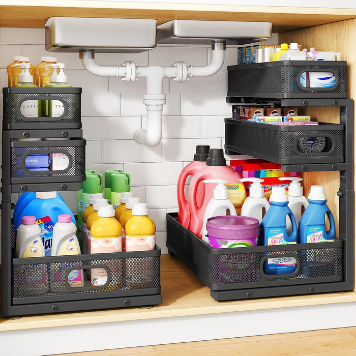 Under Sink Organizer, 3-Tier Thickened Metal Pull out Cabinet Organizer Shelf, Height Adjustable Slide out Storage Drawe