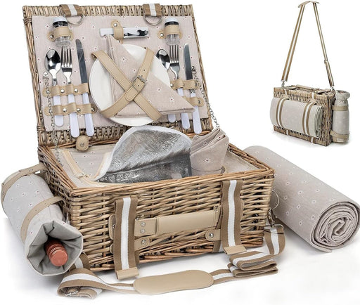 19Pcs Picnic Basket for 2 with Insulated Liner and Waterproof Picnic Blanket Wine Pouch, Large Wicker Picnic Hamper for Camping,Outdoor,Valentine Christmas for Couples