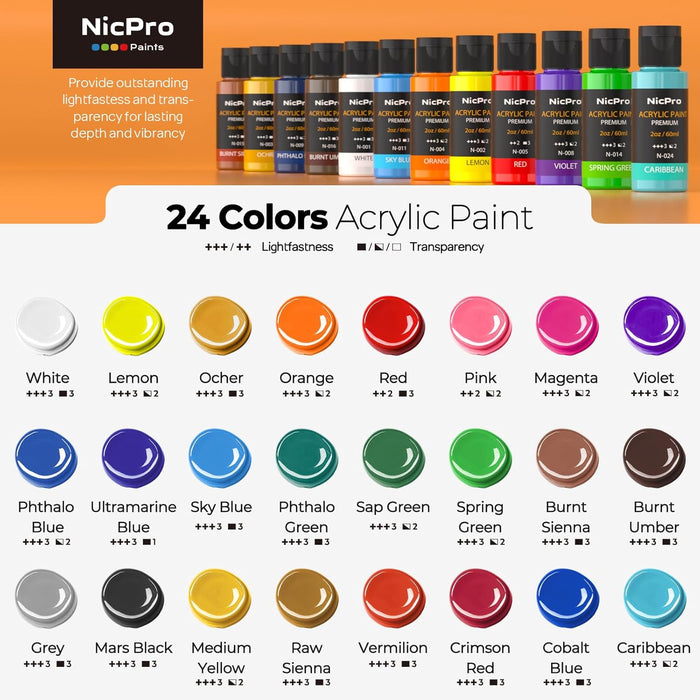 Acrylic Paint Set 24 Colors 2oz with 12 Brushes & Palette
