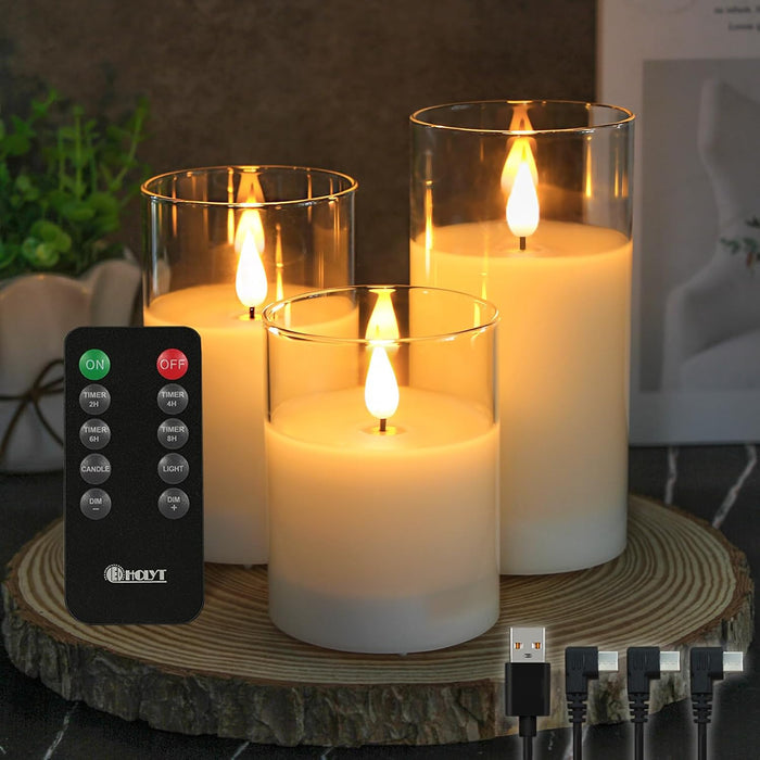 Glass Rechargeable LED Flickering Flameless Candles with Remote and Timer