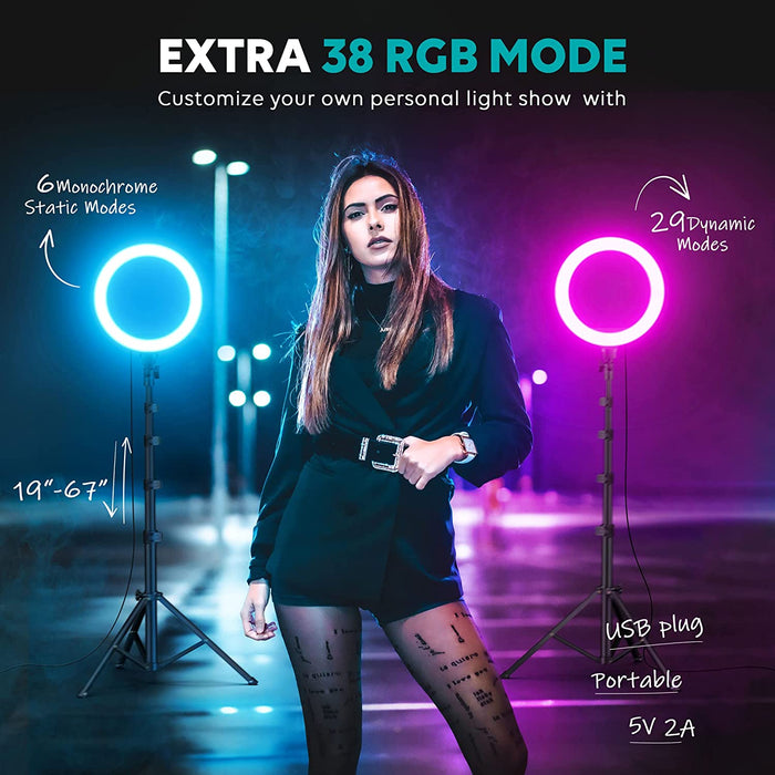10" Ring Light with Stand 72'' Tall & Phone Holder,38 Color Modes Selfie Light with Tripod Stand,Stepless Dimmable/Speed LED Ring Light for iPhone & Android,YouTube, Makeup,TIK Tok