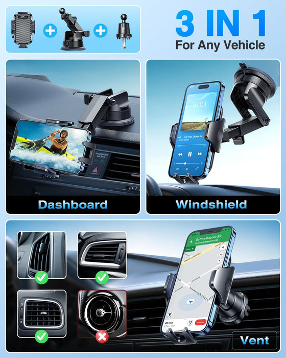 [True Military-Grade] Car Phone Holder [Upgraded Strongest Suction&Clip] Cell Phone Mount for Dashboard Windshield Vent 