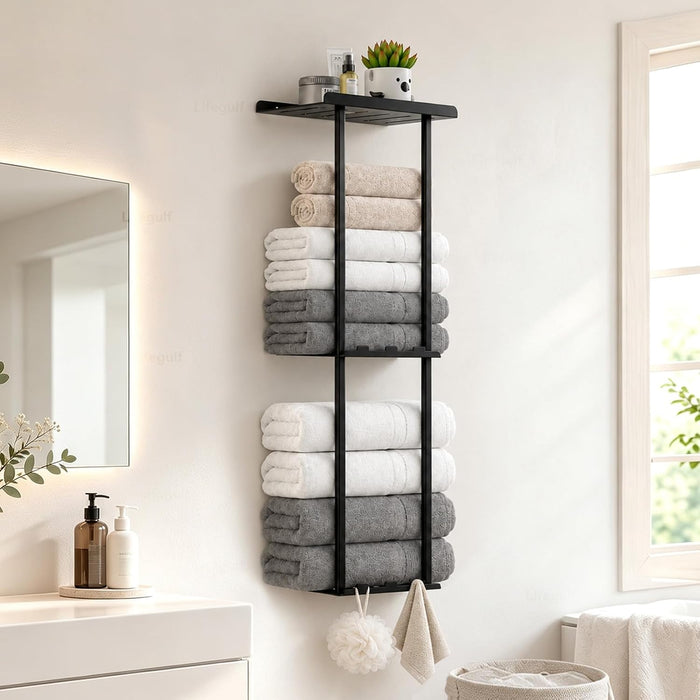 3-Tier Wall Mounted Towel Rack for Bathroom Storage，Black