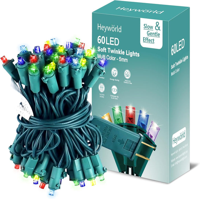 60 LED Slow Twinkle Christmas String Lights, Multicolor Soft Glow
