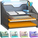 Desk File Organizer, Mesh Letter File Folder Holder with 3 Paper Trays and 2 Vertical Upright Section, for Office Supplies,Desk Accessories & Workspace,Black.