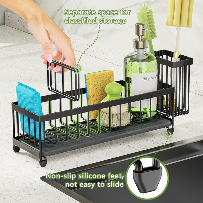 Sink Caddy Organizer with Drying Stone, Black Sponge Holder for Kitchen