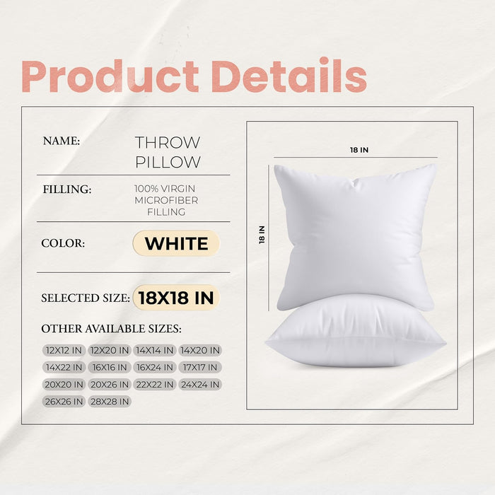 18x18 Pillow Inserts, White Throw Pillows for Couch, 2 Pack