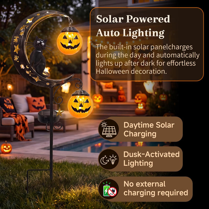 Solar Halloween Garden Stake Light Pumpkin Moon Waterproof Metal Black Cat