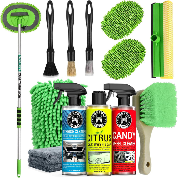 17pc Car Wash Kit, Car Cleaning Kit with Car Wash Brush Long Handle, Car Wash Soap, Interior Cleaner, Wheel Cleaner, Win