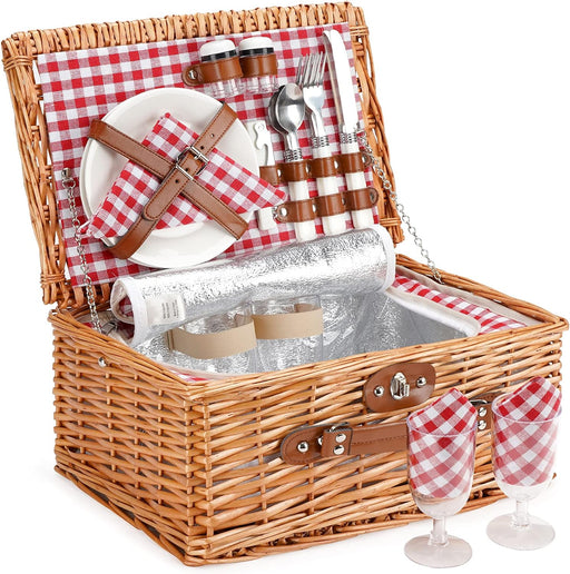Wicker Picnic Basket for 2, Insulated Picnic Basket - Red Check