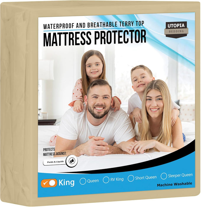 Waterproof Mattress Protector Twin Size, Premium Terry Mattress Cover 200 GSM, Breathable, Fitted Style with Stretchable Pockets (White)