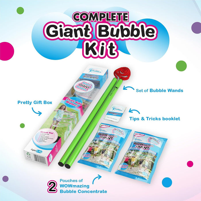 Giant Bubble Wands Kit: (4-Piece Set) | Incl. Wand, Big Bubble Concentrate and Tips & Trick Booklet | Outdoor Toy for Kids, Boys, Girls | Bubbles Made in The USA