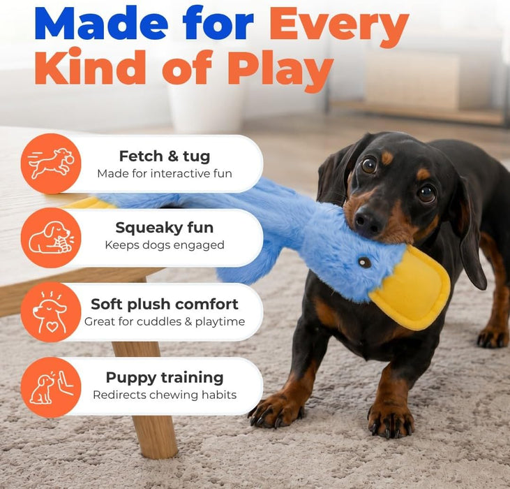Interactive Squeaky Dog Toy - Crinkle Duck, Blue