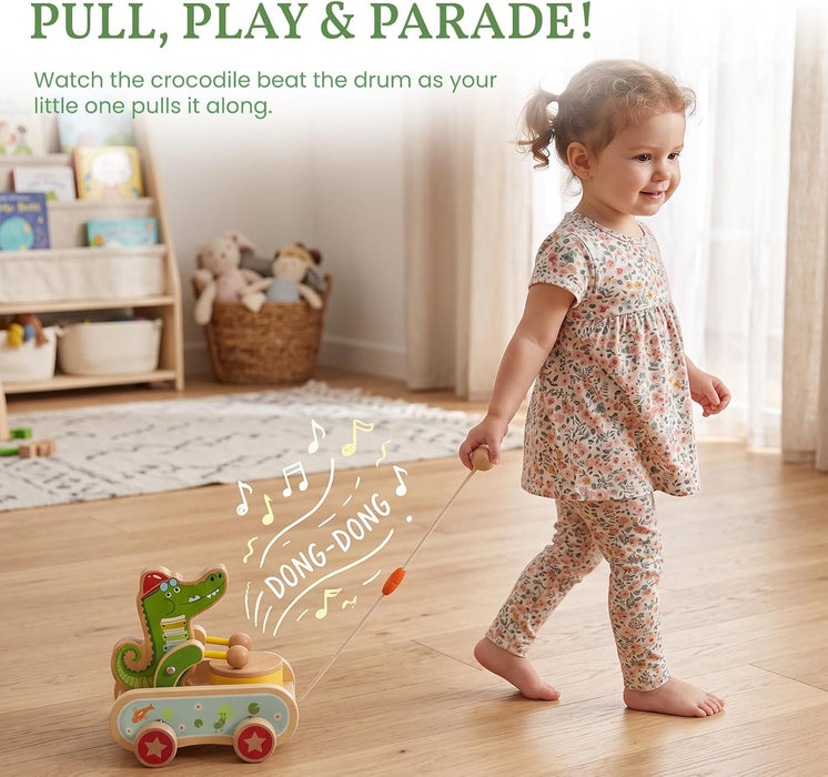 Wooden Push Toys for Toddlers 1-3, Crocodile Beating Drum Walking Pull Toy