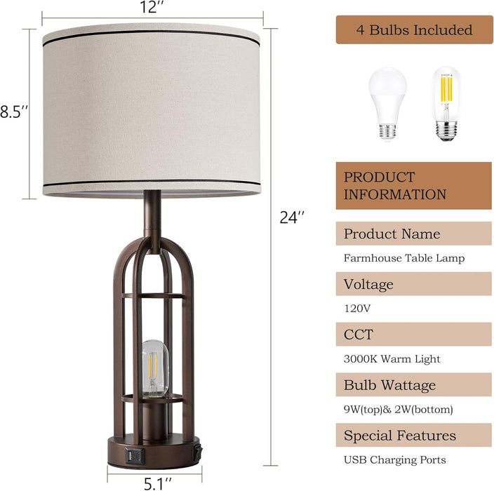 24" Farmhouse Table Lamps for Living Room Bedroom Set of 2, USB A+C