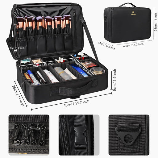 Makeup Case Large Makeup Bag Professional Train Case 16.5 inches Travel Cosmetic Organizer Brush Holder Waterproof Makeup Artist Storage Box, 3 Layer Large Capacity, with Adjustable Strap