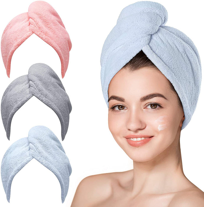 Microfiber Hair Towel Wrap for Women, Blue Grey Pink, 3-Pack