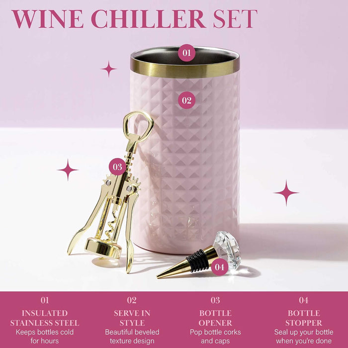 Wine Bottle Chiller Set, Insulated Double Wall Chiller, Gold Winged Corkscrew Wine Bottle Opener, Diamond Wine Stopper, 3-Piece Set, Pink