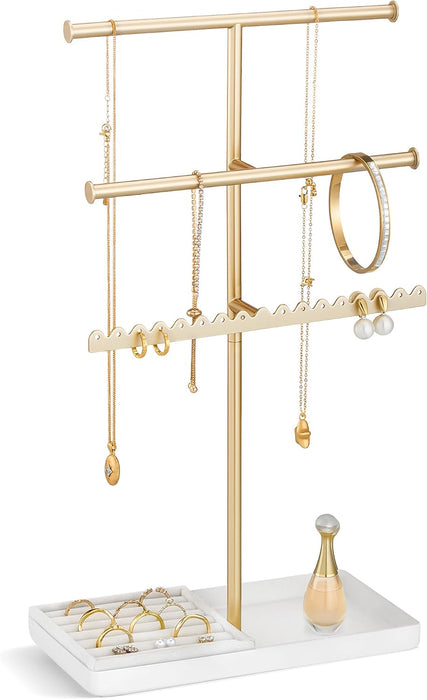 3-Tier Jewelry Organizer Stand, Metal Jewellery Holder, Dresser Display Rack for Necklace Earring Bracelets Rings, Gift 