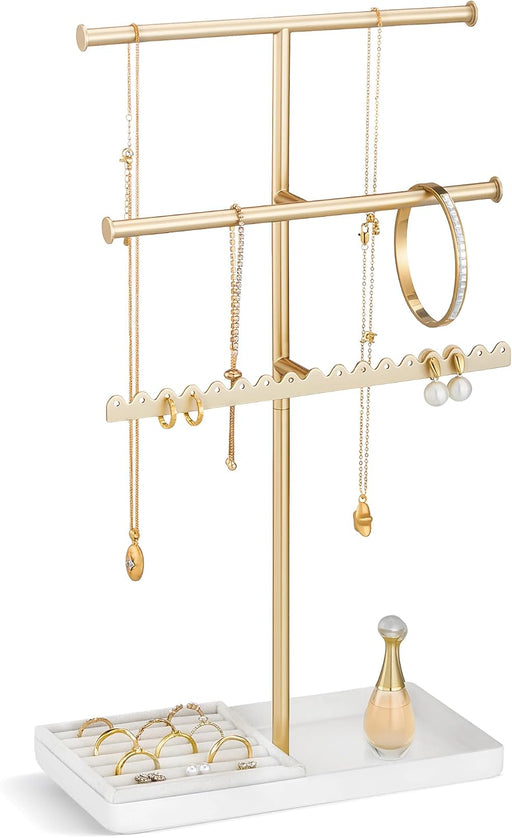 3-Tier Jewelry Organizer Stand, Metal Jewellery Holder, Dresser Display Rack for Necklace Earring Bracelets Rings, Gift 