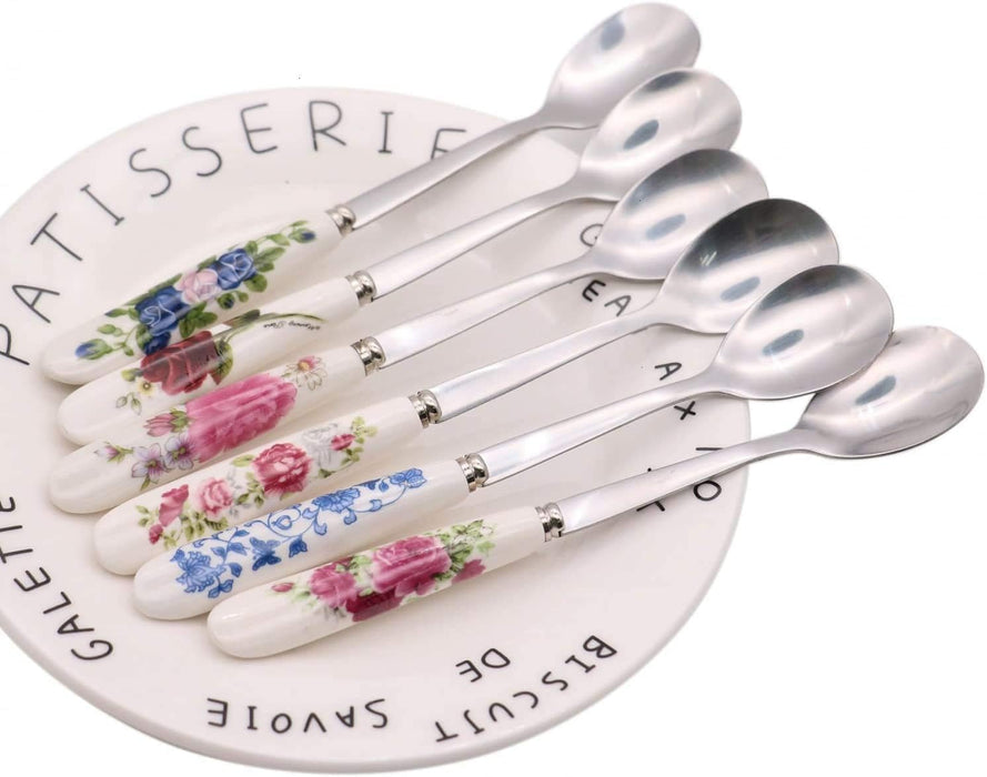 6 Pack Stainless Steel Coffee Spoon Ceramic Handle Teaspoon Sugar Ice Cream Desert Spoon Stirring Soup Tableware