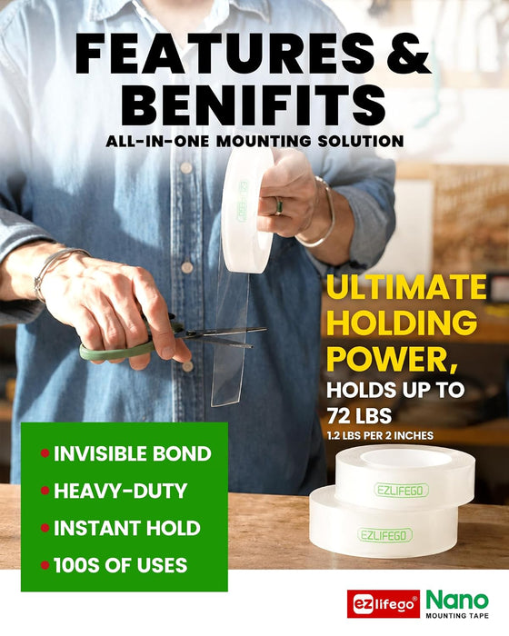 Heavy Duty Invisible Bond Nano Double Sided Mounting Tape, 16.5FT