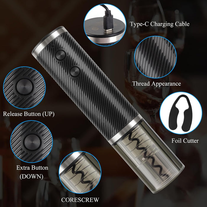 Electric Wine Opener, Rechargeable Electric Wine Bottle Opener with Foil Cutter, Type-C Charging, One-Touch Operation for Home and Party Use