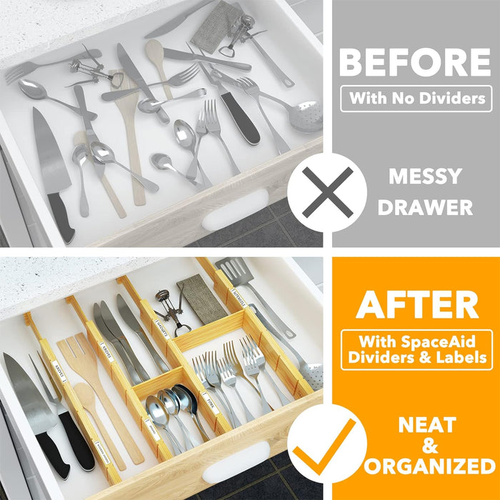 Bamboo Drawer Dividers with Inserts and Labels, Kitchen Adjustable Drawer Organizers, Expandable Organization for Home, 