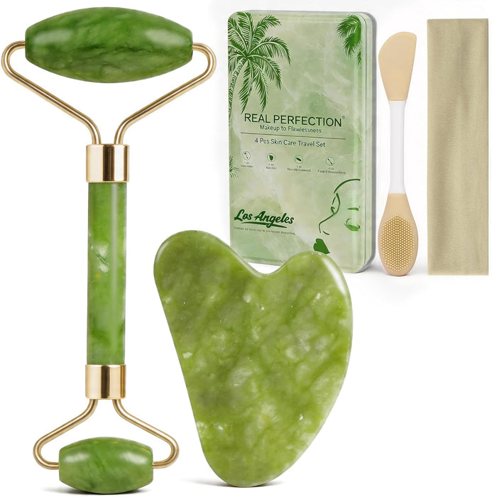 Gua Sha Facial Tools Face Roller for Wrinkles Jade Roller and Gua Sha Set, Scrubber Pore Brush Headband Skin Care Tools for Travel Skincare Routine Massaging Reducing Puffiness - Green