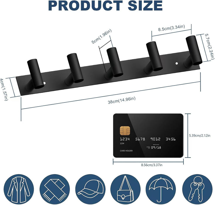 Black Hat and Coat Wall Mount Rack 5 Hooks for Robes, Bags, Keys, and Towels Bathroom Towel Hanger Organizer (1 Pack)