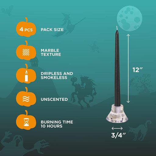 Black 12 inch Taper Candles Pack of 4 - Unscented Smokeless Dripless Tall Candle Sticks - Perfect for Home Decor, Specia