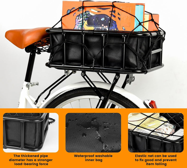 Bike Basket Rear, Large Bicycle Basket with Cargo Net, Liner and Waterproof Cover for Electirc Bike, Ebike and Bikes, Large Capacity Wire Bakset