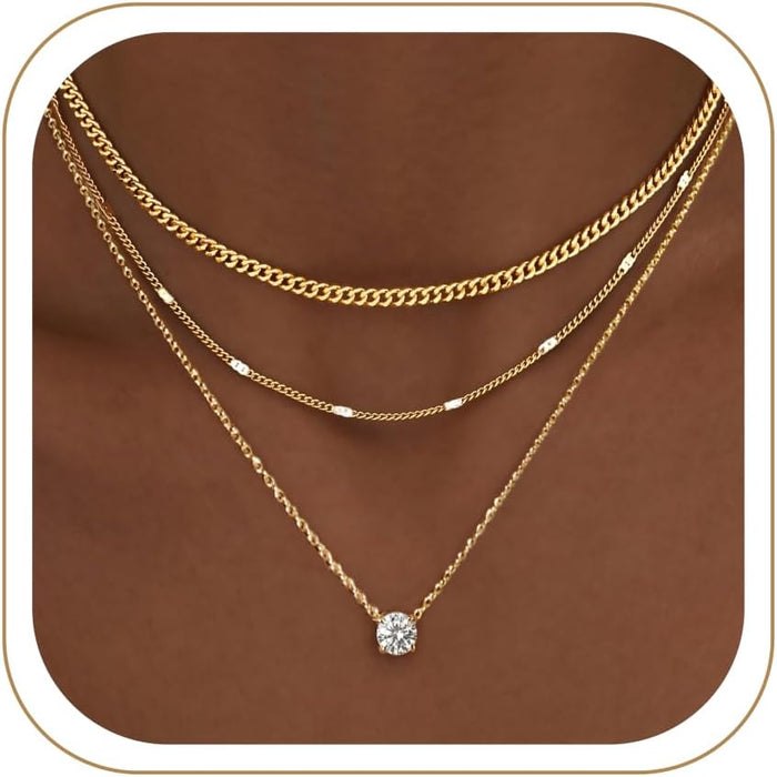 Layered Gold Necklaces for Women, 14K Gold Sterling Silver Plated Dainty Pendant Necklace Set Non Tarnish, Chunky Stackable Cuban Chain Choker, Trendy Birthstone Vacation Jewelry Gift