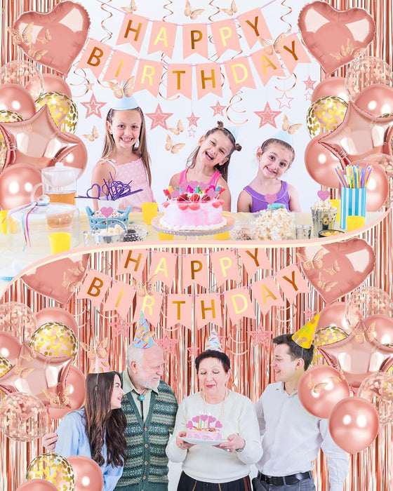 Rose Gold Happy Birthday Party Decorations with Banner Balloons for Women