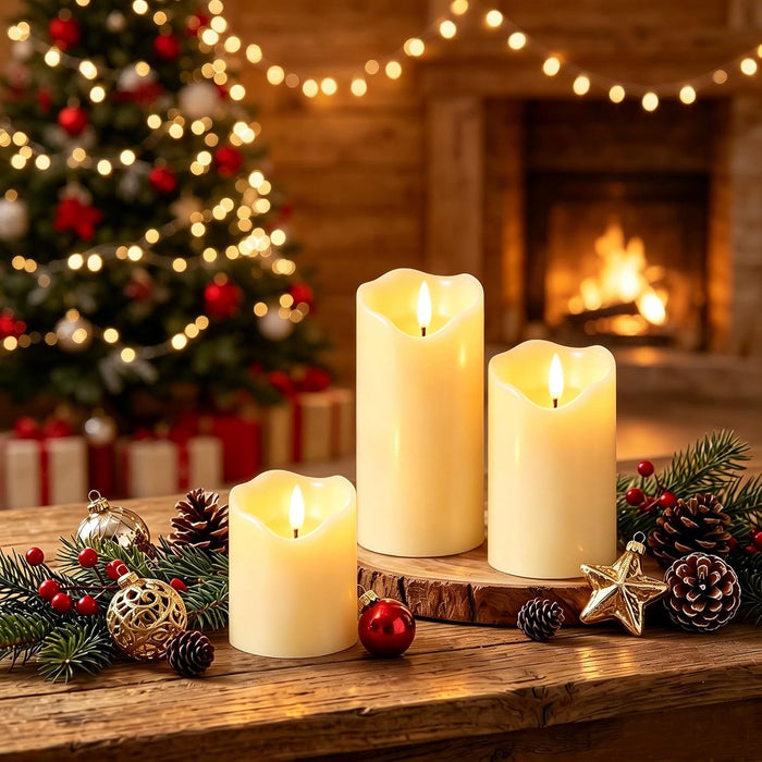 Flickering flameless Candles, Battery Operated Candles with Remote, led Pillar Candles，Electric Candle Set of 3，Christmas Home Wedding Birthday Decor（Ivory White） ﻿ ﻿