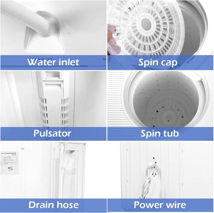 Portable Mini Compact Twin Tub Washing Machine 20Lbs Washer Spain Spinner Portable Washing Machine, Blue+ White