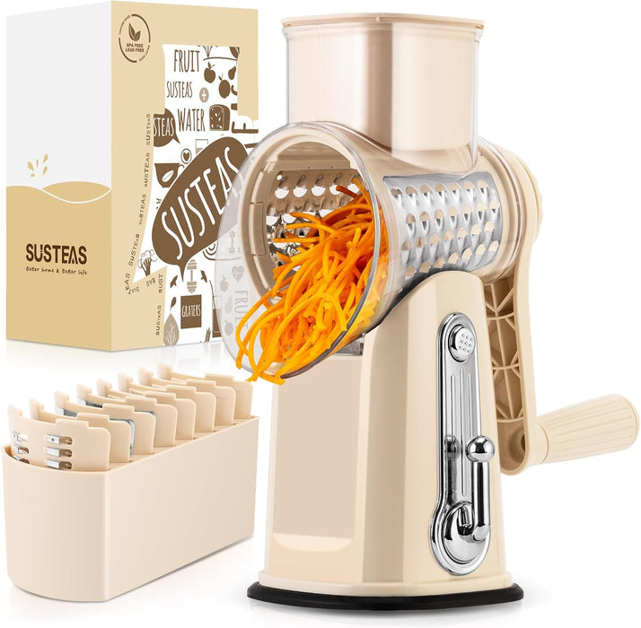 Rotary Cheese Grater with Handle - Vegetable Shredder with 5 Well-Designed Blades & Strong Suction Base,Round Mandoline Slicer & Food Chopper for Kitchen,With Blade Storage Box(Retro Green)