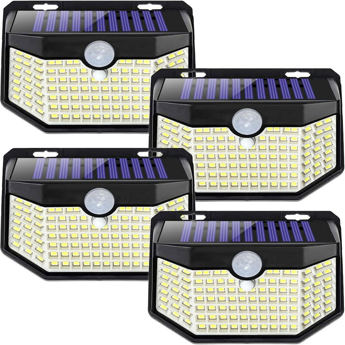 Solar Lights Outdoor 120 LED 3 Lighting Modes,Motion Sensor Wall Lights, IP65 Waterproof Solar Powered Wall Lights for Garden Deck Lights (Front Button 4Packs, Black Shell-Daylight White)
