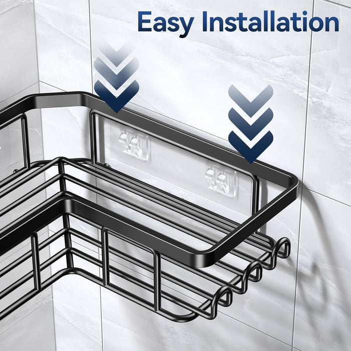 Corner Adhesive Shower Caddy, with Soap Holder and 12 Hooks, Rustproof Stainless Steel Bathroom Organizer, No Drilling W