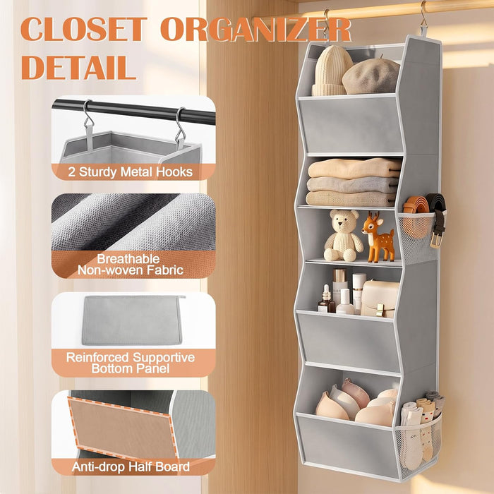Hanging Closet Organizer 5 Shelf with 4 Side Mesh Pockets, Foldable Closet Organizers and Storage Hanging for Wardrobe, Closet Rod & RV Camping, Front Anti-Slip Support, Grey